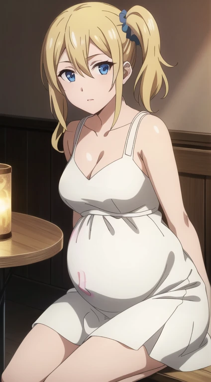 hayasaka,blonde hair, Blue eyes,hair Scrunchie, side ponytail, Scrunchie, 1 girl,alone, hair between eyes,white dress,mini skirt,exquisite visuals, pregnant
beautiful Finger,beautiful long legs,Beautiful body,beautiful character design, perfect eyes, Perfect face,expressive eyes, looking at the viewer, Appear on knees,sexy pose,in the center of the image, official art,High Definition CG Unity, Perfect lit, bright_front_face_lit, (table top:1.0),(Highest_quality:1.0),4K,Super detailed, photograph, 8k, nffsw, High resolution, absurdes:1.2, kodak portrait 400, film grain, Lens flare, (lively_Farbe:1.2) (beautiful,medium breasts:1.4), (beautiful_face:1.3),(narrow_waist),