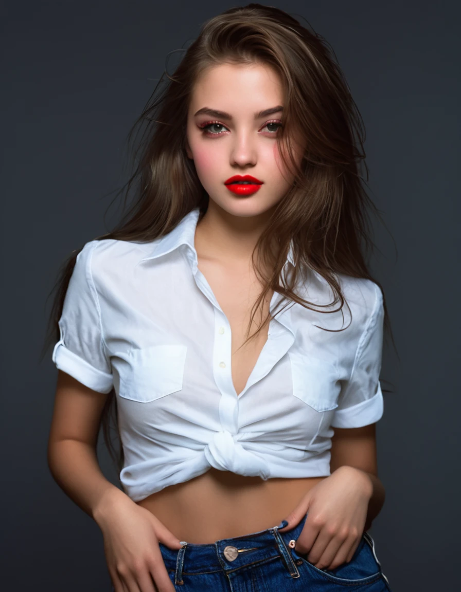 brown long shining hair, (RAW photo), (realism: 1.8), (gloss red lipstick, many eyelashes, dark black eye shadow, shy, blushing, high quality, high resolution, depth of field, chromatic aberration, caustic, wide light, dark pink fair glossy skin, (21 year old woman), stylish college girl, white shirt-blue jeans, lots of exposure, pose, visible 8k resolutions,magical