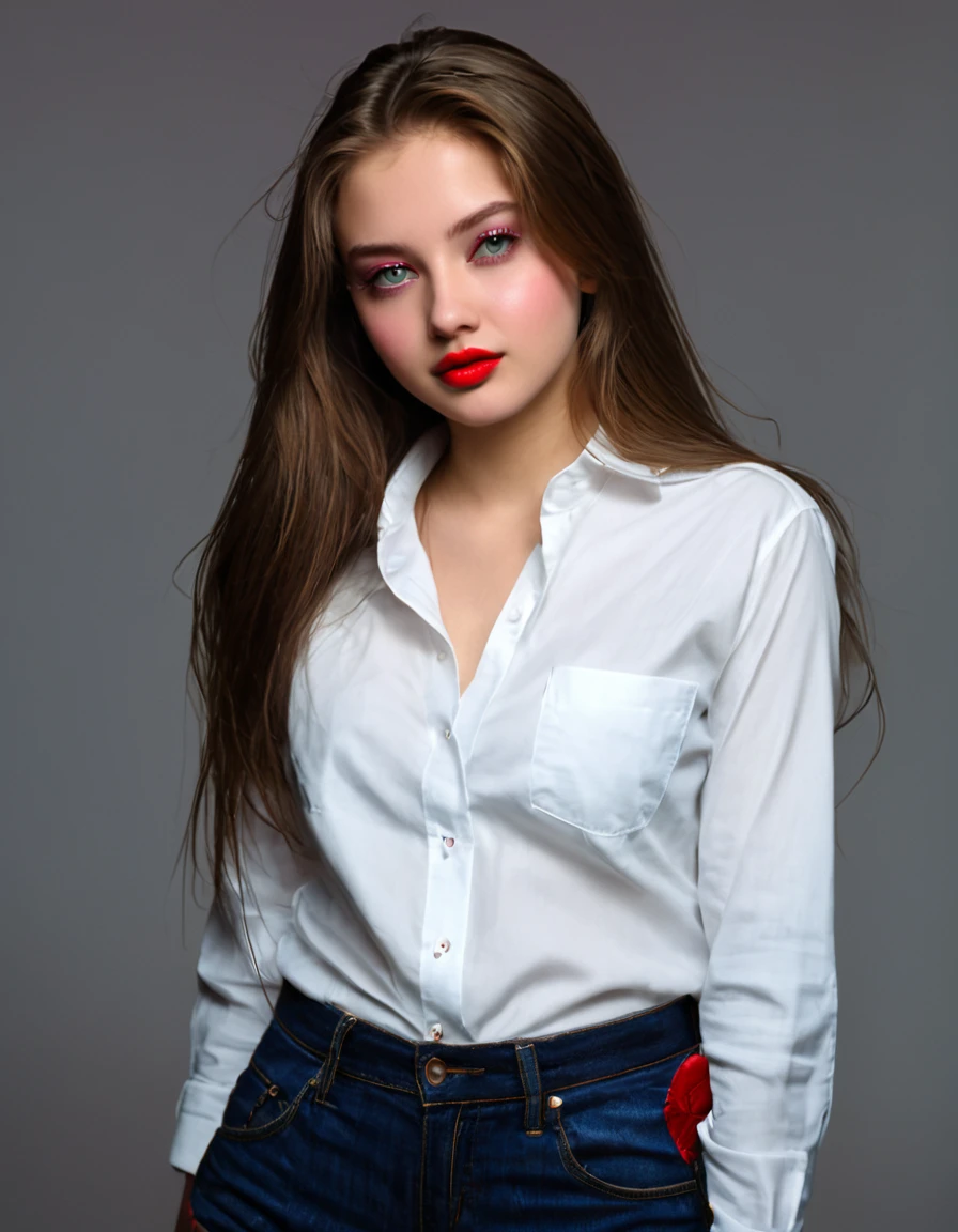 brown long shining hair, (RAW photo), (realism: 1.8), (gloss red lipstick, many eyelashes, dark black eye shadow, shy, blushing, high quality, high resolution, depth of field, chromatic aberration, caustic, wide light, dark pink fair glossy skin, (21 year old woman), stylish college girl, white shirt-blue jeans, lots of exposure, pose, visible 8k resolutions,magical