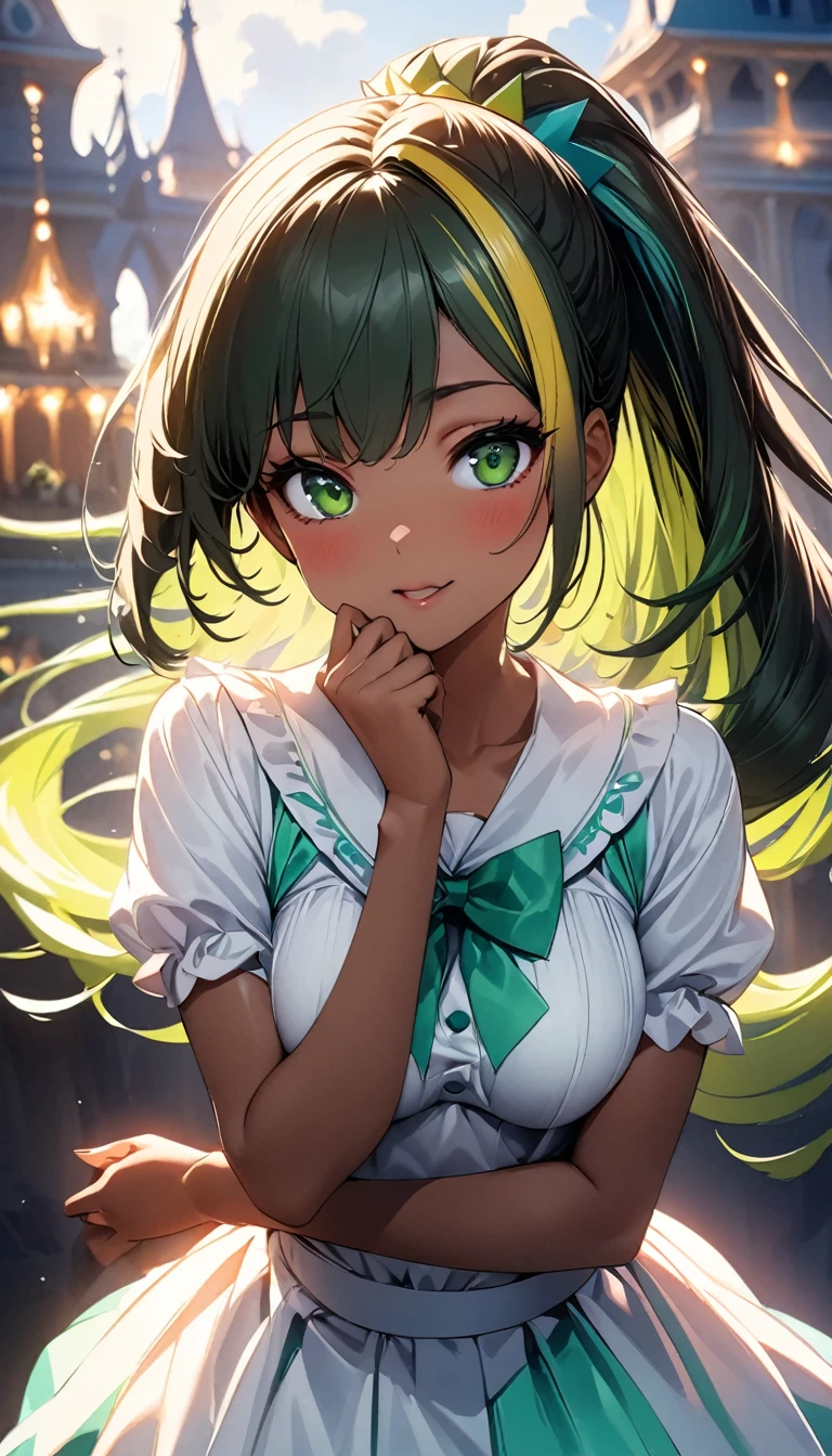 (highest quality:1.2, Very detailed, up to date, Vibrant, Ultra-high resolution, High Contrast, masterpiece:1.2, highest quality, Best aesthetics), Portraiture、solo, girl、(slim:1), (25-years-old), magical girl, ((wave a magic stick, shinning star at the top of stick.:1)), in magic kingdom, (daytime), Bright colors、Beautiful fine details、Beautiful lip detail、long hair、ponytail, white and yellow green ((streaked hair:1.6)), highlights hair: 1.5, (medium breast:1) , (tan skin:0.9), cute pose, ((cowboy shot:1))