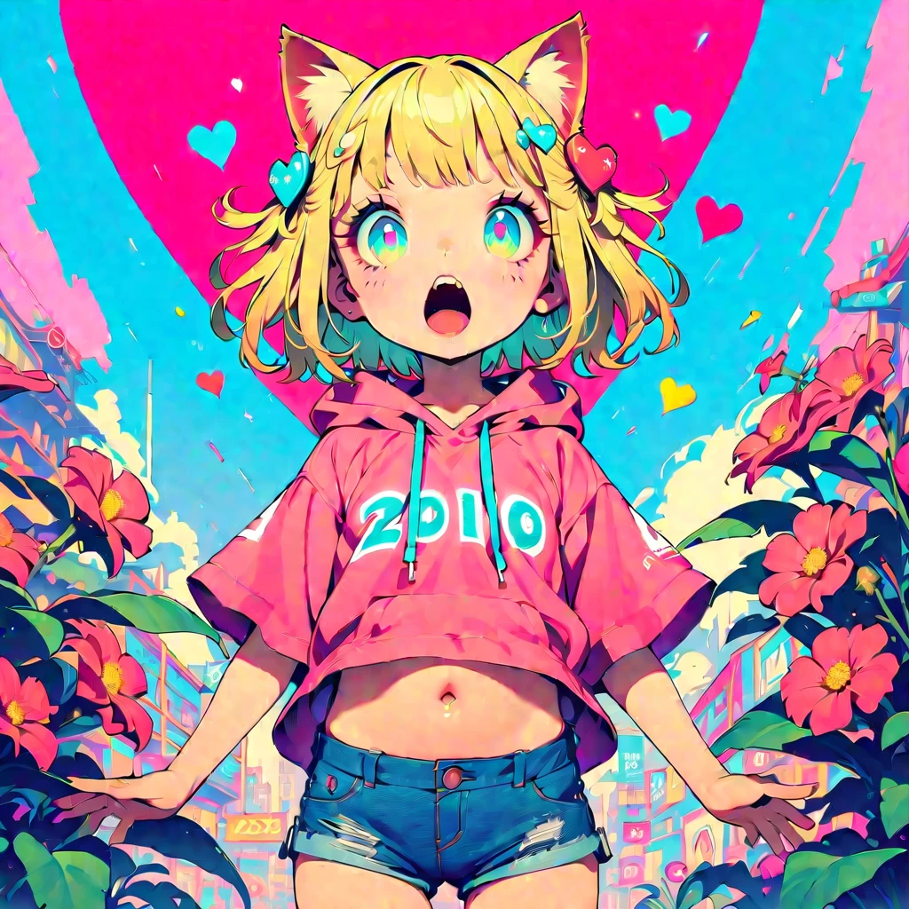 Style 11,One girl, heart, alone, Blonde Hair, Open your mouth, Cat ears, Large flower hair ornaments on both sides,Short Hair、Turquoise Eyes、Pink short sleeve hoodie、Belly button、Denim shorts、20age