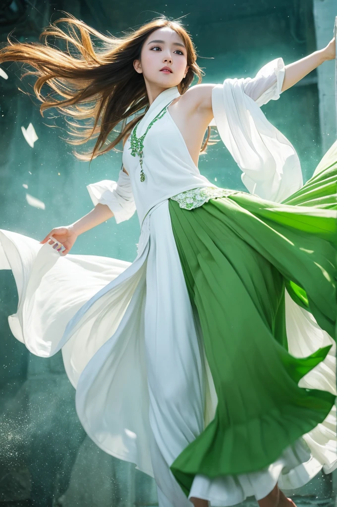 masterpiece, Highest quality, Realistic, (1 girl: 1.3), green、Money、White clothes, Shawl Long Hair, Jump, leap, dance, green、Money、White clothes, Long skirt, Long scarf, Flowing, Light Armor, Pure white skin, Exposing shoulders, whole body, (From below:1.5), martial arts, dynamics, inflammation, particle