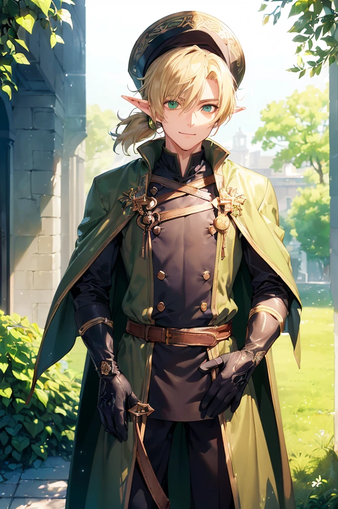 (((masterpiece; best quality: 1.2))), (finely detailed eyes: 1.3), (25 year old elf man), (solo), (green eyes: 1.4), (body; toned, fit, masculine: 1.3), (silky blonde hair in low ponytail: 1.3), (beautiful and clear background: 1.2), ((depth of field)), (equipment: adventurer garb + modest + elegant wide-brim hat + dark overcoat + dark long cape + black pants + gloves + belt + pouches: 1.3), (anime illustration: 1.2), (background composition; royal garden: 1.1), (extremely fine and handsome: 1.1), (shot composition; standing + centered on torso + close-up: 1.5), (expression; calm, smile: 1.2)