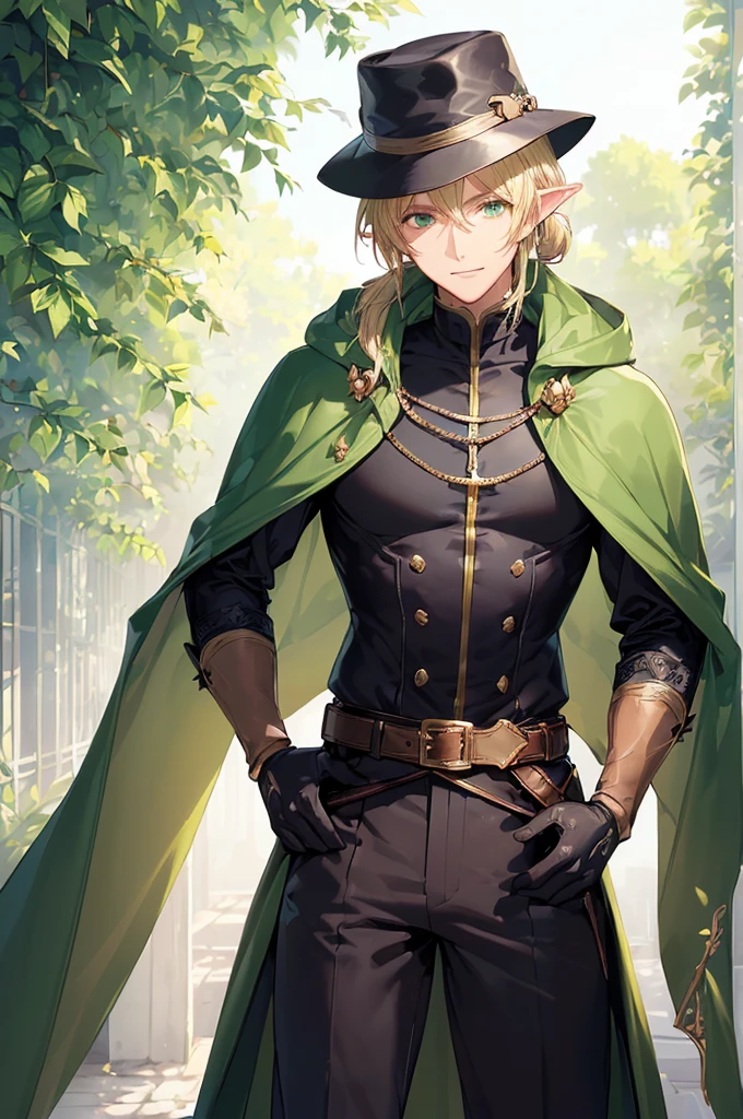 (((masterpiece; best quality: 1.2))), (finely detailed eyes: 1.3), (25 year old elf man), (solo), (green eyes: 1.4), (body; toned, fit, masculine: 1.3), (silky blonde hair in low ponytail: 1.3), (beautiful and clear background: 1.2), ((depth of field)), (equipment: adventurer  + modest + elegant wide-brim hat + dark overcoat + dark long cape + black pants + gloves + belt + pouches: 1.3), (anime illustration: 1.2), (background composition; royal garden: 1.1), (extremely fine and handsome: 1.1), (shot composition; standing + centered on torso + close-up: 1.5), (expression; calm, smile: 1.2)
