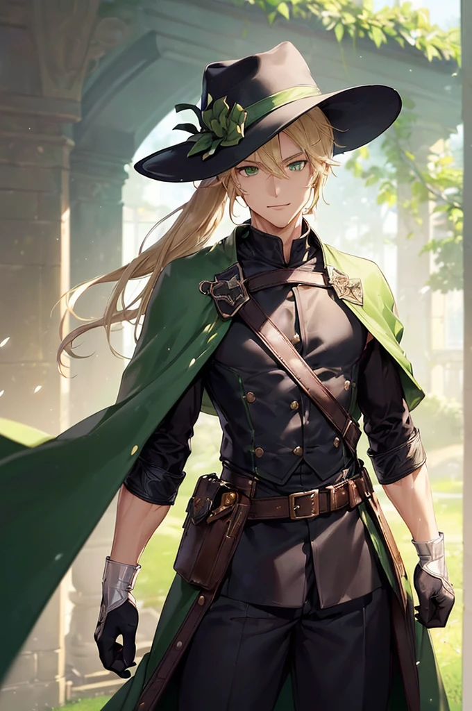 (((masterpiece; best quality: 1.2))), (finely detailed eyes: 1.3), (25 year old elf man), (solo), (green eyes: 1.4), (body; toned, fit, masculine: 1.3), (silky blonde hair in low ponytail: 1.3), (beautiful and clear background: 1.2), ((depth of field)), (equipment: adventurer garb + modest + elegant wide-brim hat + dark overcoat + dark long cape + black pants + gloves + belt + pouches: 1.3), (anime illustration: 1.2), (background composition; royal garden: 1.1), (extremely fine and handsome: 1.1), (shot composition; standing + centered on torso + close-up: 1.5), (expression; calm, smile: 1.2)