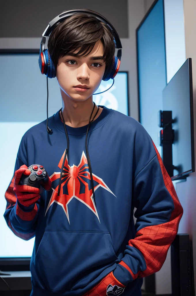 Character wearing a Spider-Man sweatshirt, with a gamer headset and a video game controller 