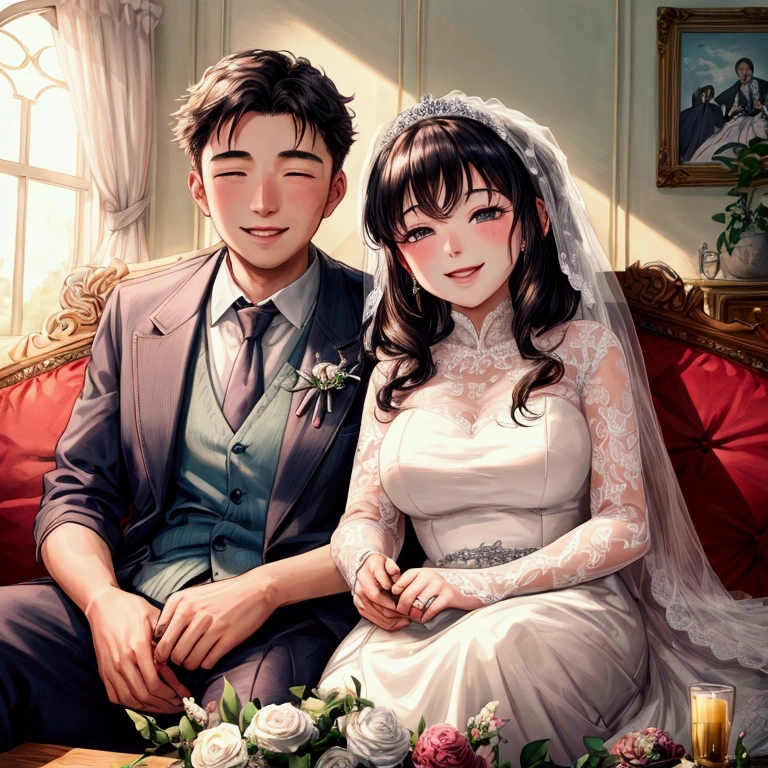 super fine illustration, highly detailed, dynamic angle, beautiful detailed, 8k, In the summer afternoon, in the living room, BREAK an elderly couple sits on the sofa, cuddling and smiling as they watch the TV screen. (BREAK The TV screen shows a wedding video from their youth), (displaying the younger couple with happy smiles).