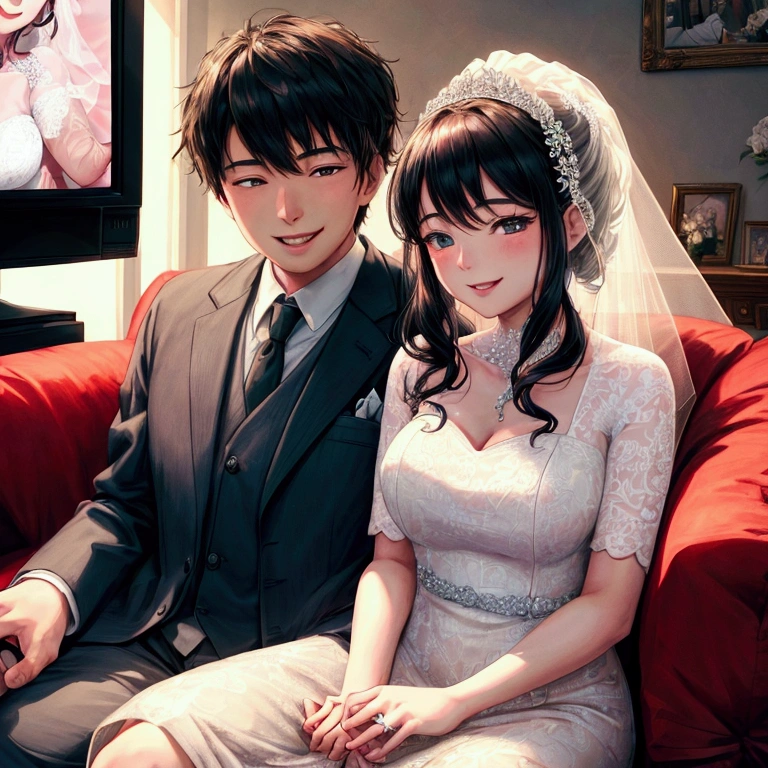 super fine illustration, highly detailed, dynamic angle, beautiful detailed, 8k, In the summer afternoon, in the living room, BREAK an elderly couple sits on the sofa, cuddling and smiling as they watch the TV screen. (BREAK The TV screen shows a wedding video from their youth), (displaying the younger couple with happy smiles).