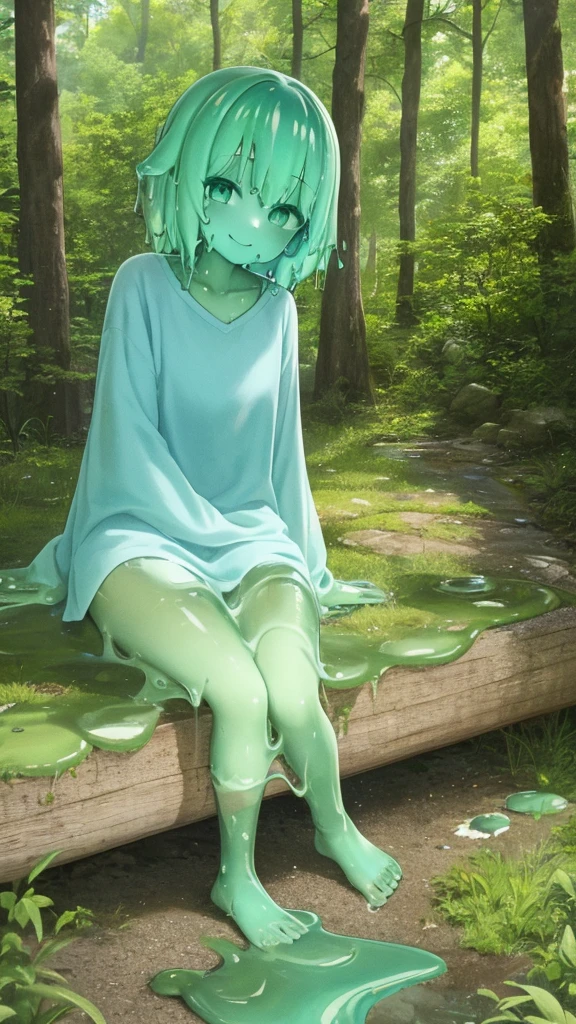 1girl, solo, slime girl, slime \(substance\), blue skin, (green hair:1.2), , sitting, outdoors, forest, looking at viewer, smile