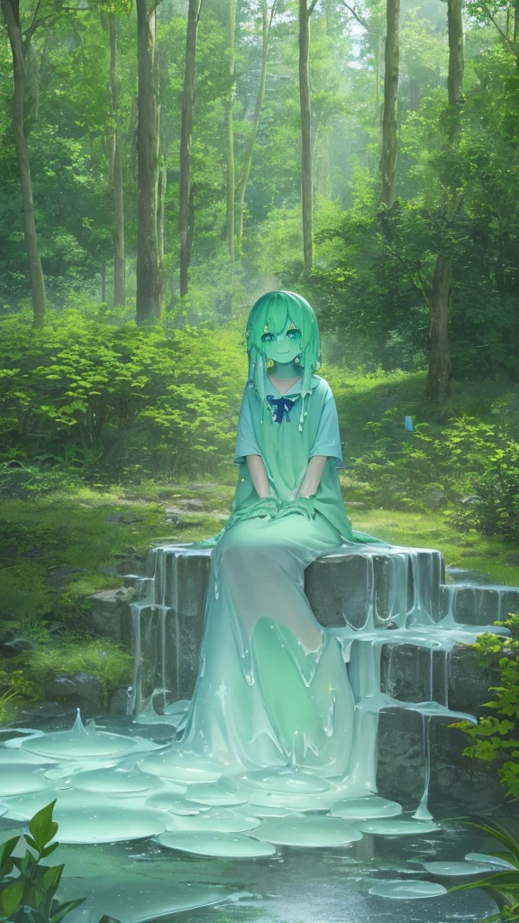 1girl, solo, slime girl, slime \(substance\), blue skin, (green hair:1.2), , sitting, outdoors, forest, looking at viewer, smile