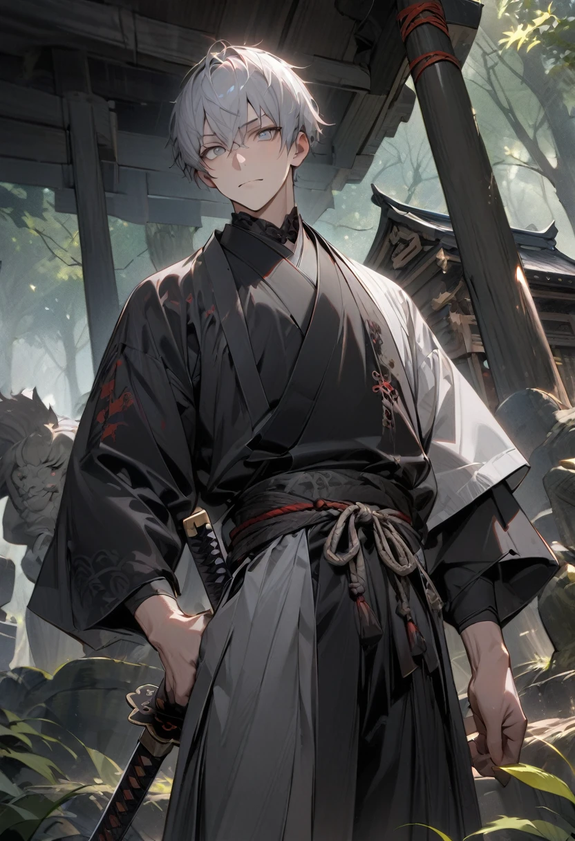 man with calm face ,Male Dark, dark Woods,Red, White & Black colors, gray eyes, short hair, black japanese hanten,samurai dnd, forest shrine background, one katana on Hip, masterpiece, detailed hands, detailed image