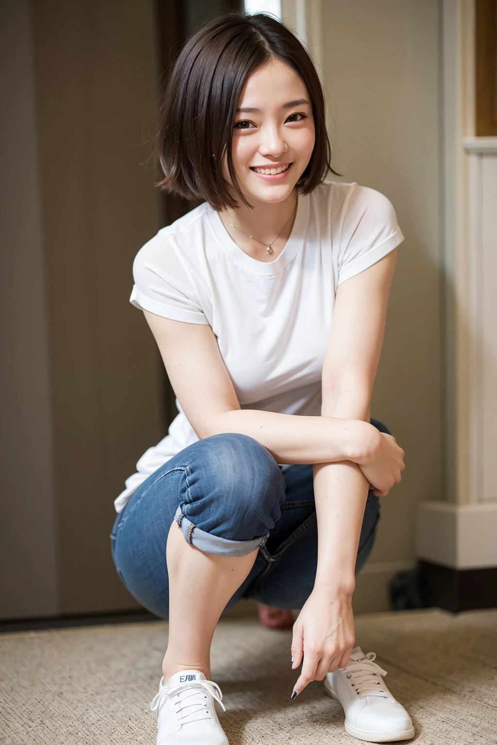 downbrouse、No bangs:1.10、straight flat chest:1.20, (leaning-forward:1.3)、(oversize tshirt、Loose-fitting T-shirt、Low Cut T-Shirt:1.5)、No bra;1.10, Pink areolisible:1.20, A Cup:1.20, Erotic, (top-quality、8K、32K、​masterpiece)、japanes、17 age、Very pretty girl、a beauty girl、crouching down、Bright smile、outside of house、shinny skin、blurry backround、short-cut:1.10、Ear hooks:1.20, A dark-haired:1.10, Upper body close-up、Shot from above