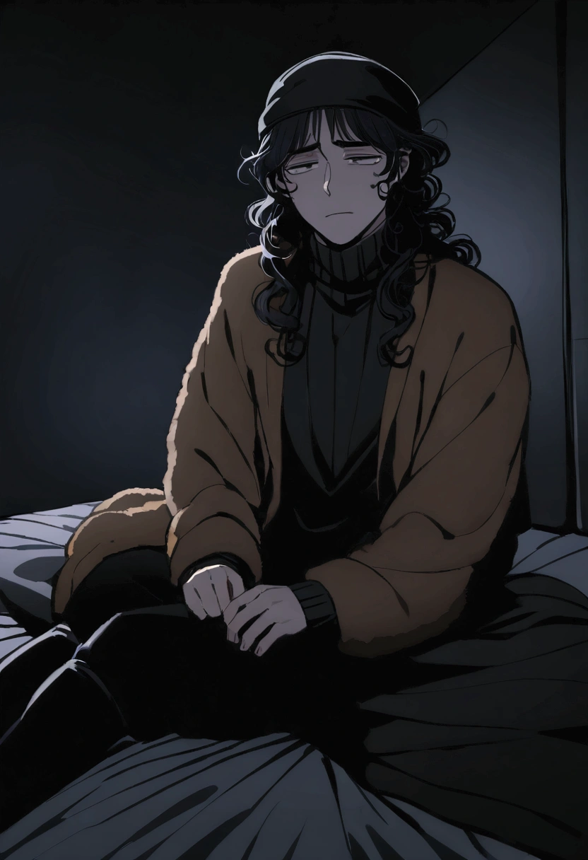 (detailed), (((normal guy))), (arab features), ((brown sheepskin jacket)), ((black curly hair loose hair)), (sad face), ((by the wide)), ((tall black boots)), (((Whole body))), ((sitting on the bed in a room)), ((male)), (black turtleneck sweater), ((only one person)), (at night), ((poorly lit room)), ((((dark room)))), (black cloth cap)