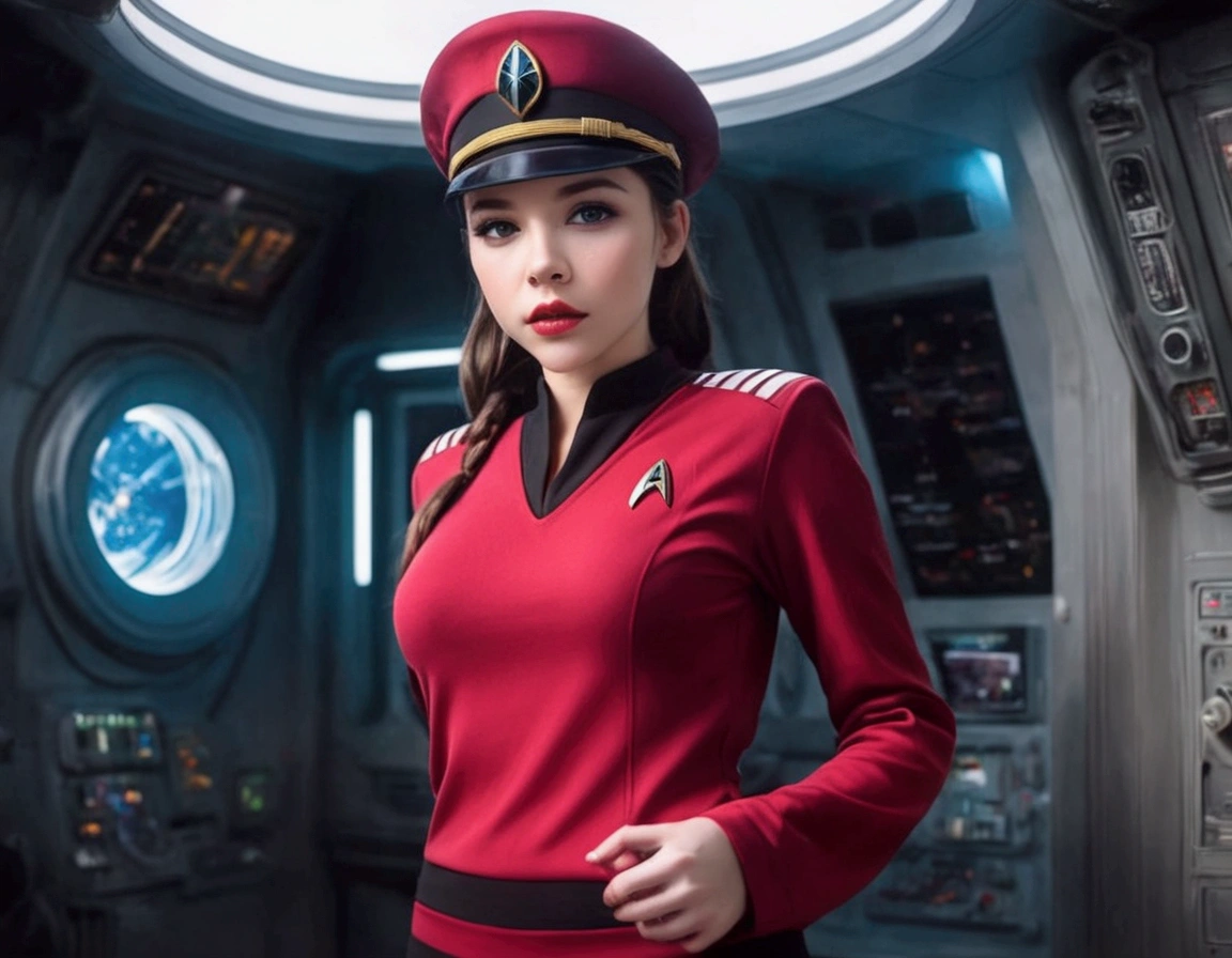 a cute woman, 25 years old, wearing a classic Star Trek mini skirt uniform, she is a clumsy officer who regularly drops things and bends over to pick them up, revealing her panty, on a busy star ship, detailed face, beautiful eyes, long eyelashes, beautiful lips, detailed clothing, dynamic pose, comedic expression, cinematic lighting, highly detailed, 8k, photorealistic, masterpiece, sci-fi, hyper-realistic, high quality