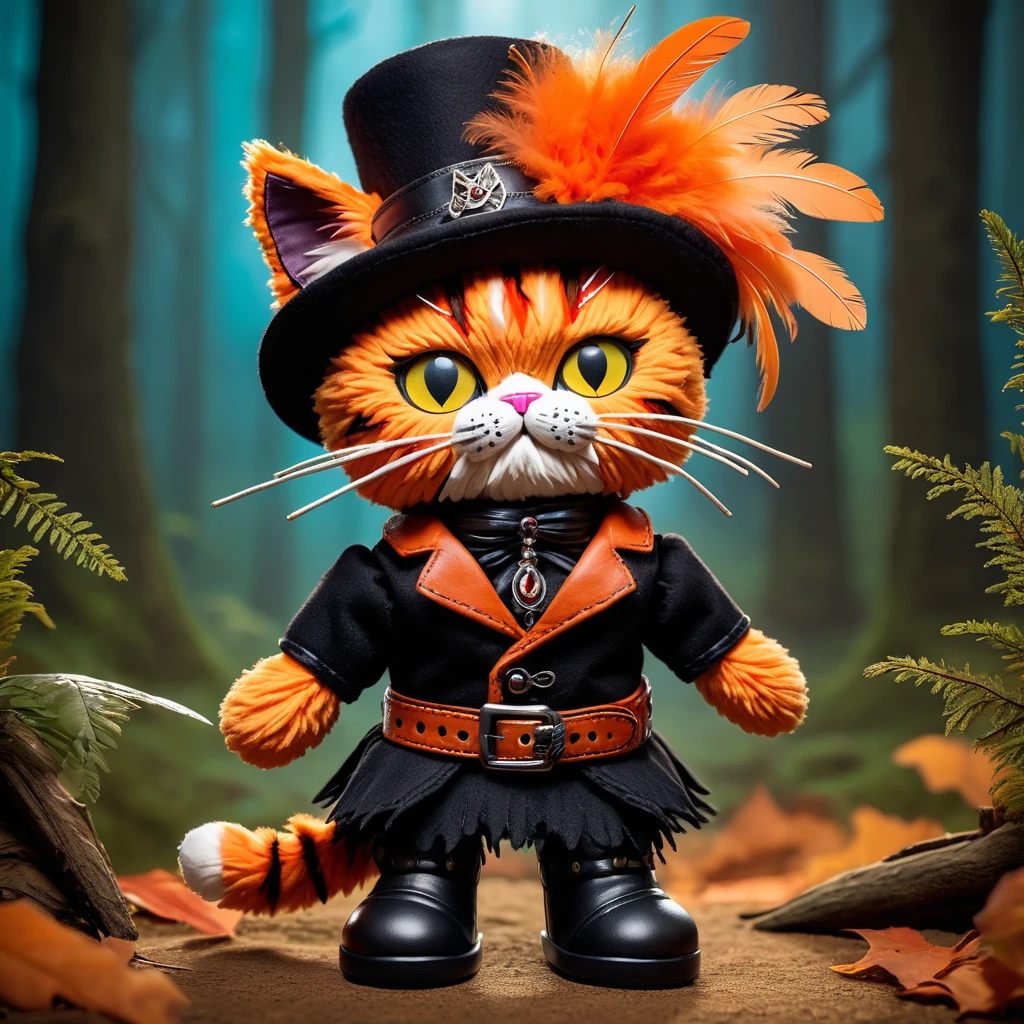 (knitted toy voodoo doll:1.7), (Voodoo Cat in Boots:1.5), (Clothing: orange fur with black hat, feather, belt and boots:1.3), (background: mystical and creepy forest with magical elements:1.2), best quality, masterpiece, ultra detailed, dynamic lighting, 8k, ultra high definition, high resolution, extremely detailed, best quality, masterpiece, detailed soft oil painting, detailed background, dramatic cinematic lighting, soft edge lighting, professional, dramatic lighting, hard edge lighting, ultra quality, 4k, masterpiece, best quality, 8k, ultra high definition, high resolution, extremely detailed