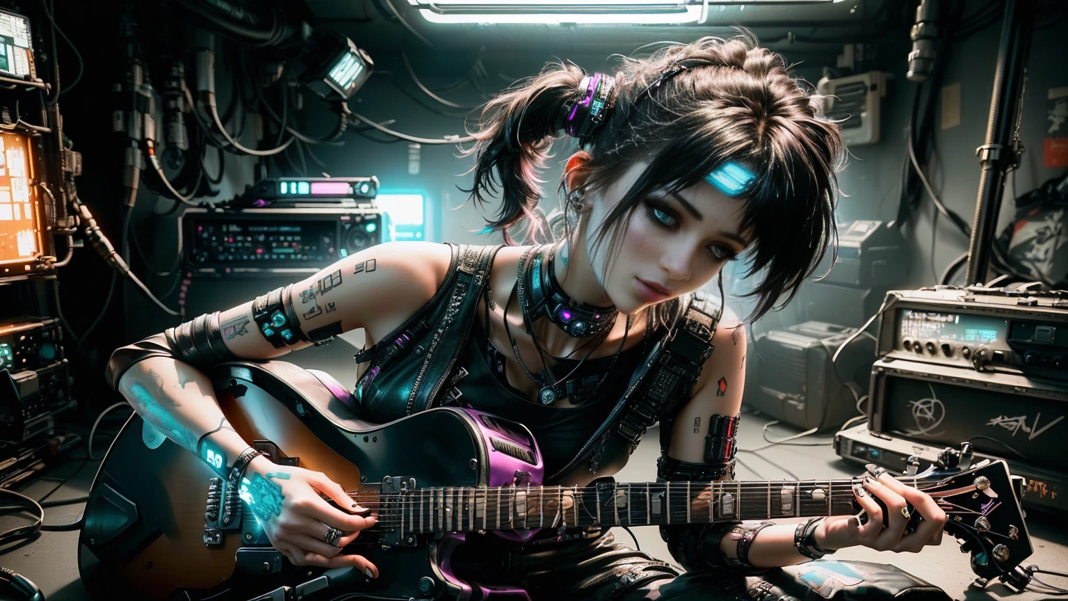 A woman in her fifties playing the guitar in a room filled with musical instruments, Cyberpunk atmospheres, Cyberpunk atmosphere, dreamy Cyberpunk Girl, ハイパーリアルなCyberpunk Style, Cyberpunk Style, Grunge Cyberpunk, Cyberpunk Photography, Cyberpunk Girl, Cyberpunk 20. Model Girl, Cyberpunk art style, Cyberpunk Style, Cyberpunk Art Ultra Realistic 8K, Cyberpunk beautiful girl, Cyberpunk Dark Synth