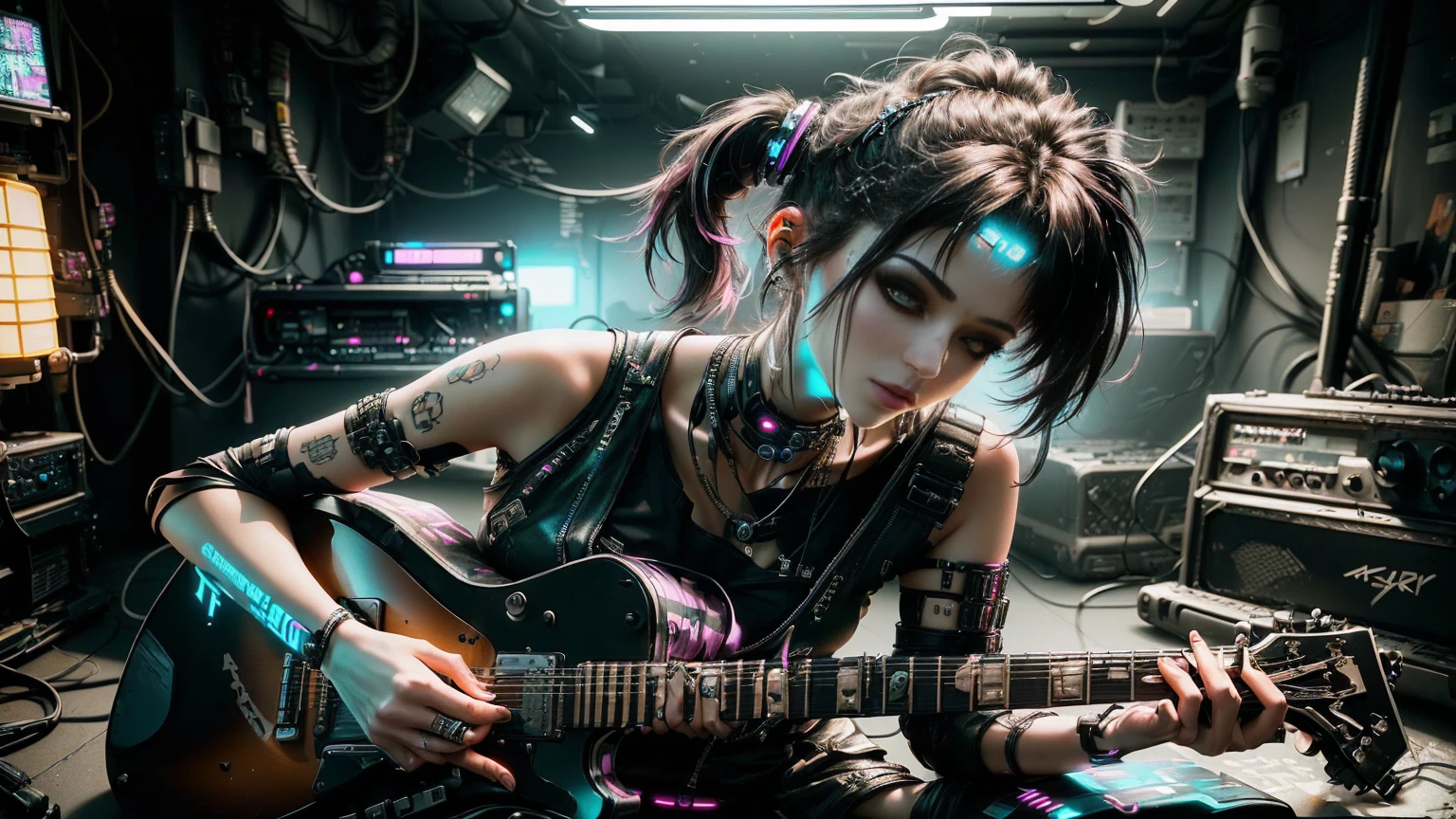 A woman in her fifties playing the guitar in a room filled with musical instruments, Cyberpunk atmospheres, Cyberpunk atmosphere, dreamy Cyberpunk Girl, ハイパーリアルなCyberpunk Style, Cyberpunk Style, Grunge Cyberpunk, Cyberpunk Photography, Cyberpunk Girl, Cyberpunk 20. Model Girl, Cyberpunk art style, Cyberpunk Style, Cyberpunk Art Ultra Realistic 8K, Cyberpunk beautiful girl, Cyberpunk Dark Synth