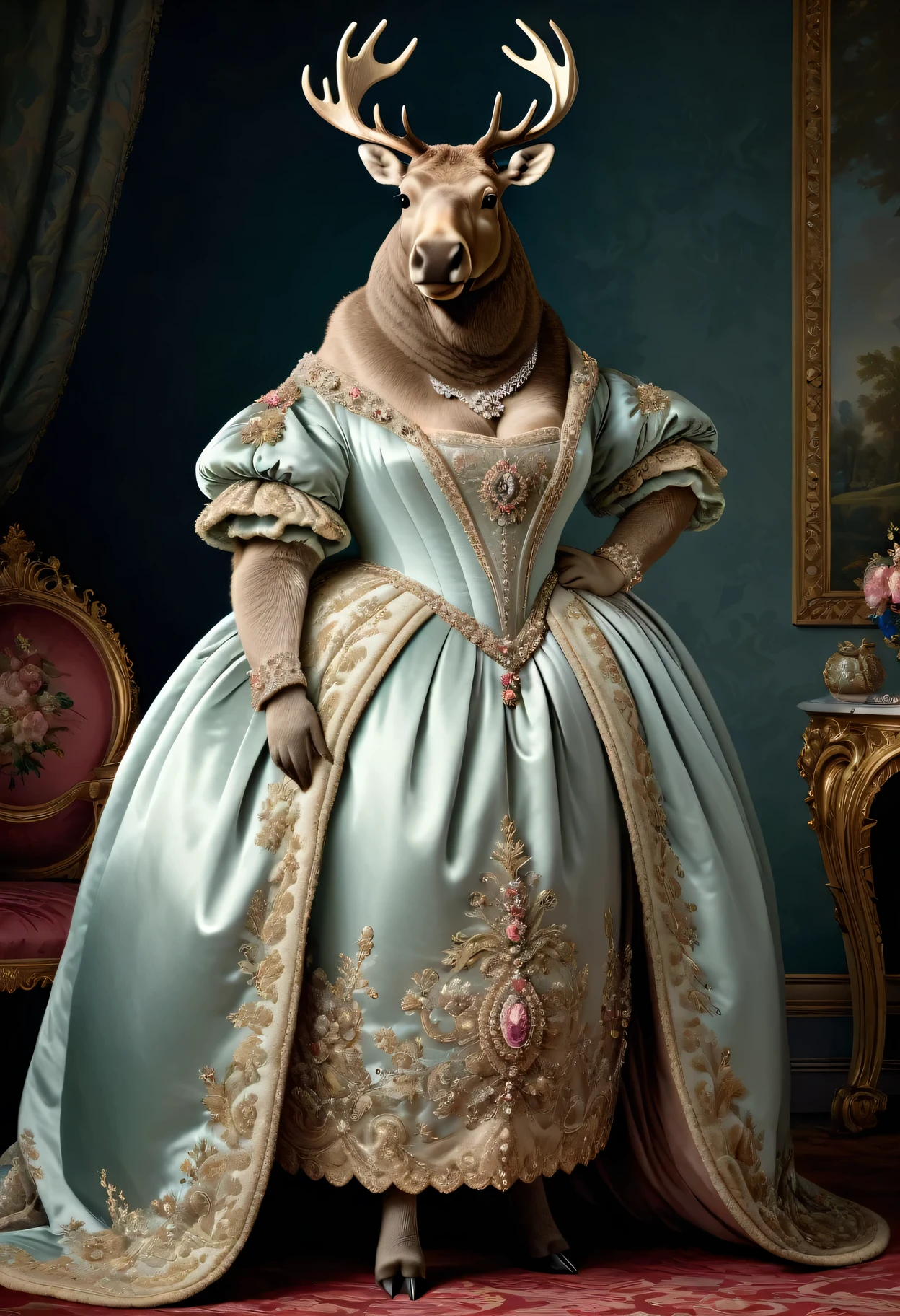photorealistic portrait of Dressed animals - a ((fat)) (seal) princess, (furry),(full body image:1.5),(elegant pose:1.5) Wearing luxury sack-back gown,(wearing luxury tiara),(hands on hips:1.5), Old-fashioned luxury loyal dress, detailed and opulent description of a loyal aristocratic sack-back gown in Rococo , emphasizing luxurious fabrics, intricate embroidery, and ornate accessories, Rococo style king palace background,(looking at viewer:1.5),score_9, score_8_up, score_7_up, score_6_up, score_5_up, score_4_up,