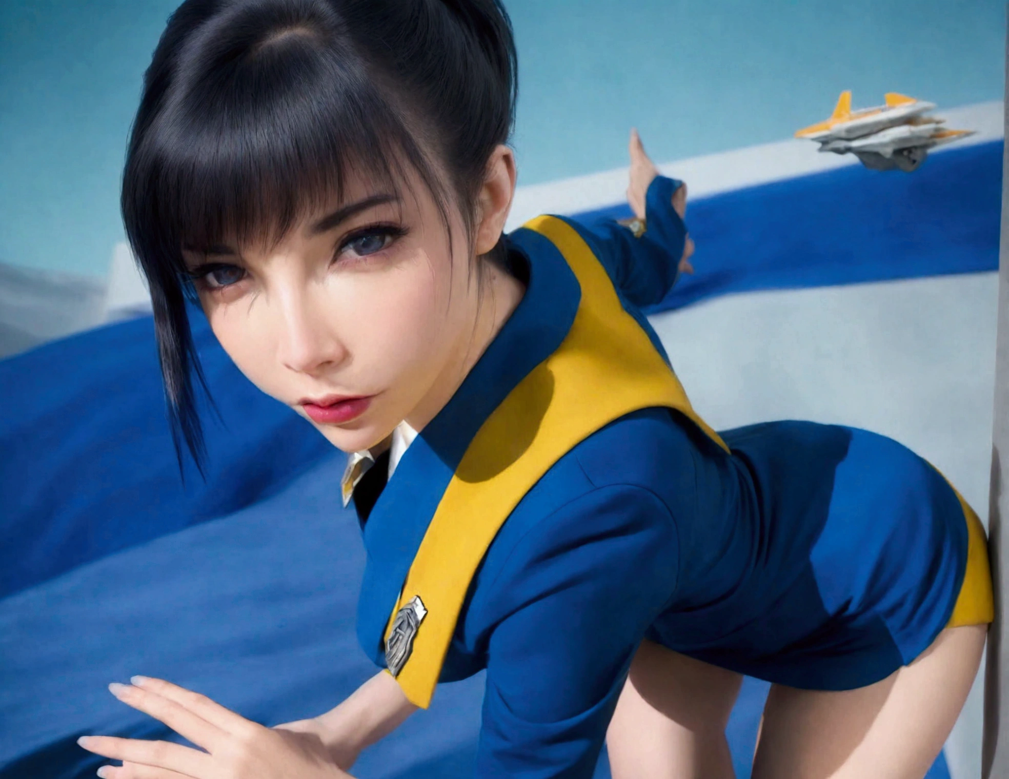 a cute woman, 25 years old, wearing a classic Star Trek mini skirt uniform, she is a clumsy officer who regularly drops things and bends over to pick them up, revealing her panty, on a busy star ship, detailed face, beautiful eyes, long eyelashes, beautiful lips, detailed clothing, dynamic pose, comedic expression, cinematic lighting, highly detailed, 8k, photorealistic, masterpiece, sci-fi, hyper-realistic, high quality
