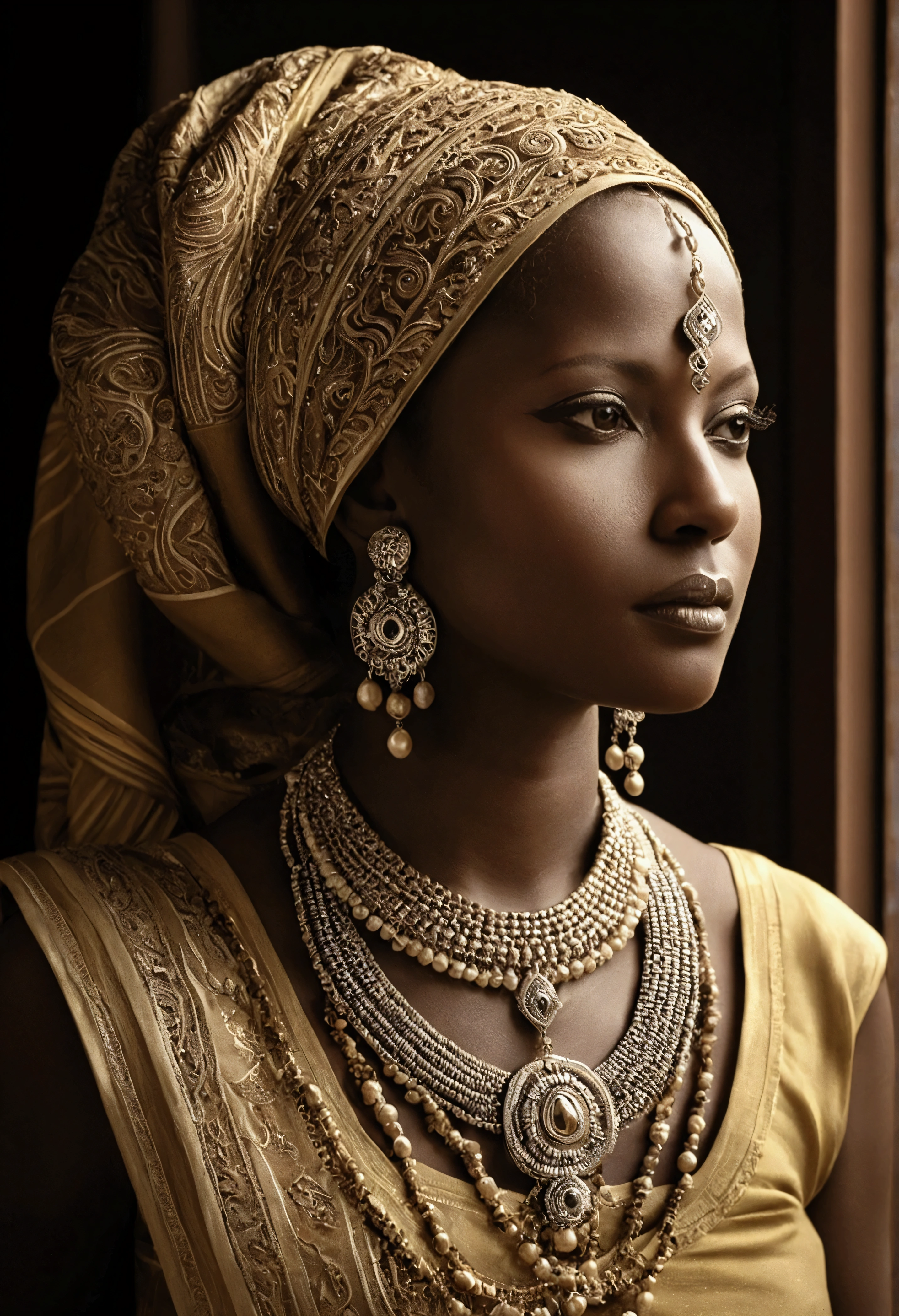 African heavenly Beautiful Sudanese woman, highly detailed face, pattern of colored stones and golden pearls portrait of a girl, pearl necklace, filigree, mother of pearl, hyper-detailed, veil, radiant, captivating, looking to the viewer, enchanting, reflective, magical, ethereal, shimmering, brilliant, intense, whimsical, thread-like, transparent, sparkle, diffused light, composed using the golden ratio, lighting by Vladimir Volegov and Steve Hanks, award, perfect composition, sun rays, smoke, Broken Glass effect, classic background, stunning, something that even doesn't exist, mythical being, energy, molecular, textures, iridescent and luminescent scales, breathtaking beauty, pure perfection, divine presence, unforgettable, impressive, breathtaking beauty, Volumetric light, auras, rays, vivid colors reflects, Miki Asai Macro photography, close-up, hyper detailed, trending on artstation, sharp focus, studio photo, intricate details, highly detailed, by greg rutkowski, in the style of shiny rhinestone crystals