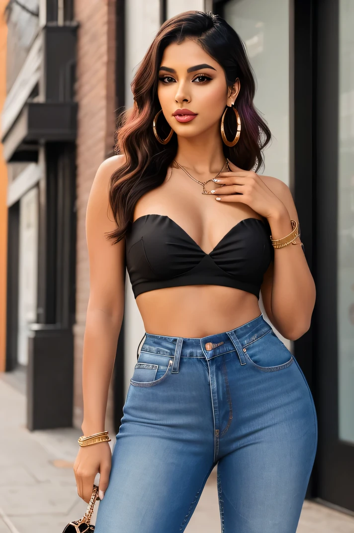 Create an ultra-realistic image of a modern, attractive female influencer of Indian descent, aged between 27 to 30. She should have a warm and inviting smile, expressive almond-shaped eyes with a slight shimmer, and clear, glowing skin with a medium brown complexion. Her features should be well-defined, with high cheekbones and a sharp jawline. Her hair should be long, thick, and wavy, with a natural shine and bounce, styled in loose waves and colored a deep, reddish-purple hue that’s bold yet sophisticated. She should have a slender yet athletic build with a medium bust size (44-46 inches), offering a balanced and proportionate figure.
She is wearing a neon pink bandeau that highlights her toned figure and dark wash skinny jeans that complement her curves. Her outfit is completed with stylish black heeled sandals that add elegance to her look. She accessorizes with subtle yet chic jewelry, such as small hoop earrings and a few thin bangles.
The background should be a trendy downtown street with modern storefronts, suggesting a cosmopolitan lifestyle. Her overall appearance should exude confidence, approachability, and sophistication, capturing the essence of a contemporary Indian fashion influencer.