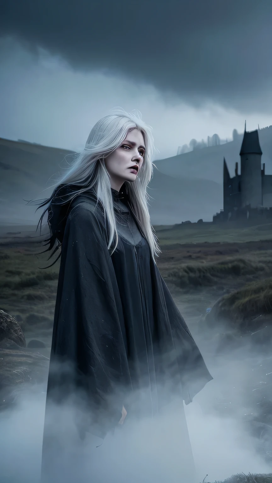 Create an ultra-realistic and haunting depiction of a Banshee, a female spirit from Irish and Scottish folklore known as a harbinger of death. The Banshee stands at a height comparable to a human woman, with a thin and ghostly appearance. Her skin is extremely pale, almost translucent, giving off a deathly cold impression. Her eyes are red and swollen, as if she has been crying for a long time, filled with deep sorrow. She has long, white or silver hair that flows wildly in the wind, appearing almost mist-like and cold to the touch. Her lips are bluish-white, often cracked from constant wailing, adding to her terrifying appearance. She is dressed in tattered, ancient white or grey gowns, reminiscent of funeral shrouds, enhancing her spectral presence. The background features a desolate, mist-covered moor or an old, decrepit castle, amplifying the eerie and foreboding atmosphere. The overall scene is filled with a sense of dread and impending doom, as the Banshee emits her mournful, chilling cry.