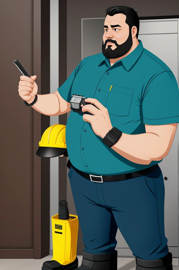 Cartoon of a job security analyst, dark fat man, with short sleeve shirt using helmet and safety boot