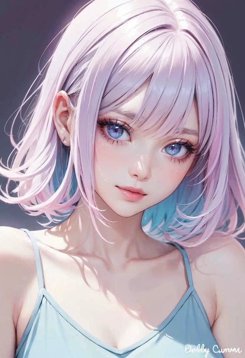 Beauty, High nose, Long eyelashes, 目にLight, Pink Lips, Closed Mouth, pastel colour, purple, Dull pink, Dull Blue, heart, Light, Fluttering Hair, White Skin, Big eyes, Inner color hair, turn around, Get wet, cute, 30 years old, perfume, PRADA, glossy, charm, Real, summer, null, smile, Weather showers, Wolf Hair, Big white t-shirt, Gray Hair,