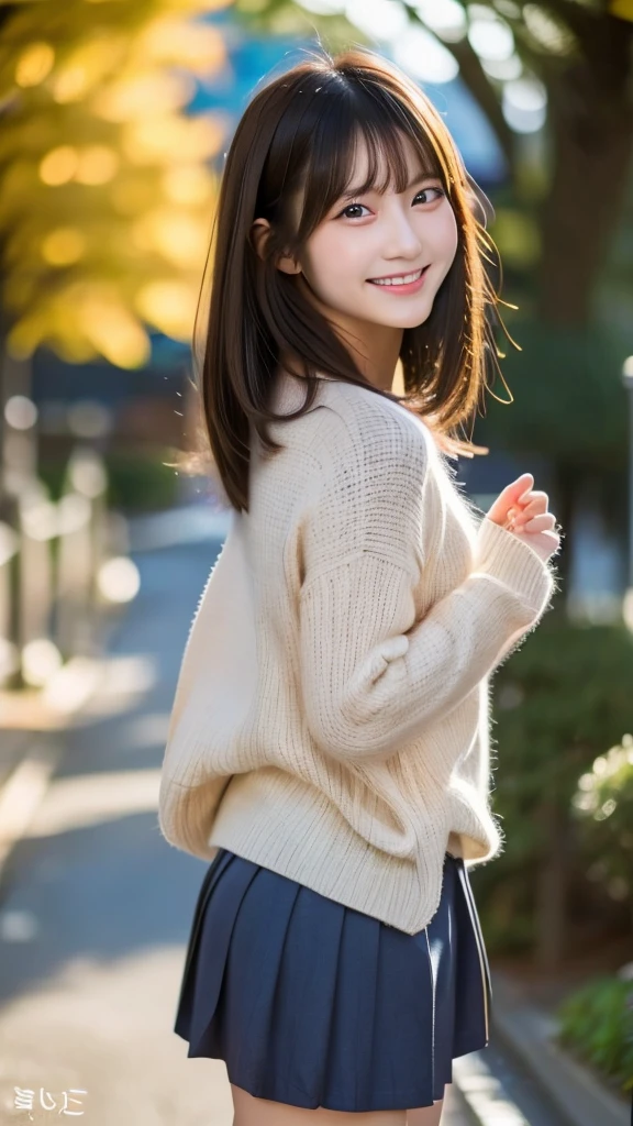 Japanese girl, realistic, short skirt school clothes, shoulder length hair, beautiful, 19 years old, smiling 