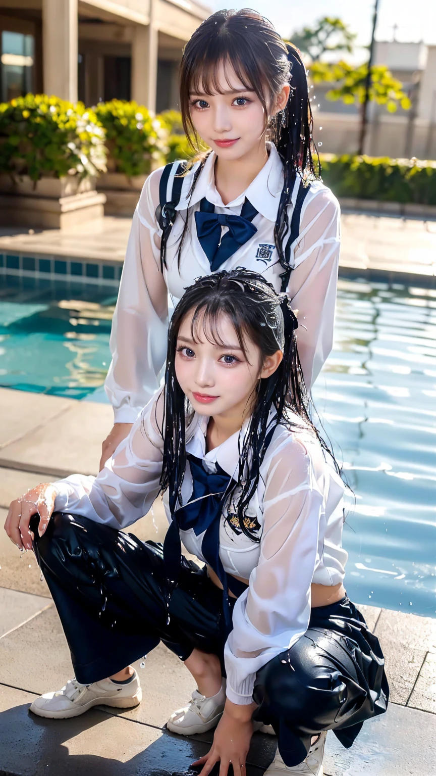 ((masterpiece, Highest quality)),Best aesthetics,(One girl:1.4),(squatting spread legs:1.4),Pool, Long Hair, Outdoor, View your viewers, Focus Only, Brown eyes, (high school girls are wearing uniforms:1.4), Black hair ponytail, bangs,smile,Black underwear,Wet Hair,(Big Breasts),(Random gravure poses:1.4),(独奏:1.8),(wet clothes:1.4)