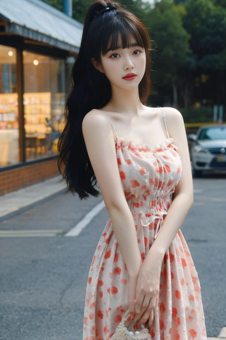 ulzzang-6500-v1.1,(raw photo:1.2),((photorealistic:1.30)), ((best quality)) ,((masterpiece)),((Ultra High Resolution)), ((Clear View)),,Ultra-high resolution,Clear face,（Reality：1.4) ,  illustration, an extremely delicate and beautiful, extremely detailed ,CG ,unity ,8k wallpaper, Amazing, finely detail, masterpiece,best quality,official art,extremely detailed CG unity 8k wallpaper,absurdres, incredibly absurdres, huge filesize, ultra-detailed, highres, extremely detailed,beautiful detailed girl, extremely detailed eyes and face, beautiful detailed eyes,light on face,cinematic lighting, (upper body:1.5), diamond bra, 1girl, bangs, black hair, blunt bangs, blurred, blurred background, blurred foreground, depth of field, face, lips, long hair, (huge breasts:1.5), blurred motion, nipples, naked, ponytail, 独奏, (standing: 1.5), narrow waist, wide hips, Thighs, (city blackground:1.3), night, Building, dress, Floral pattern dress,