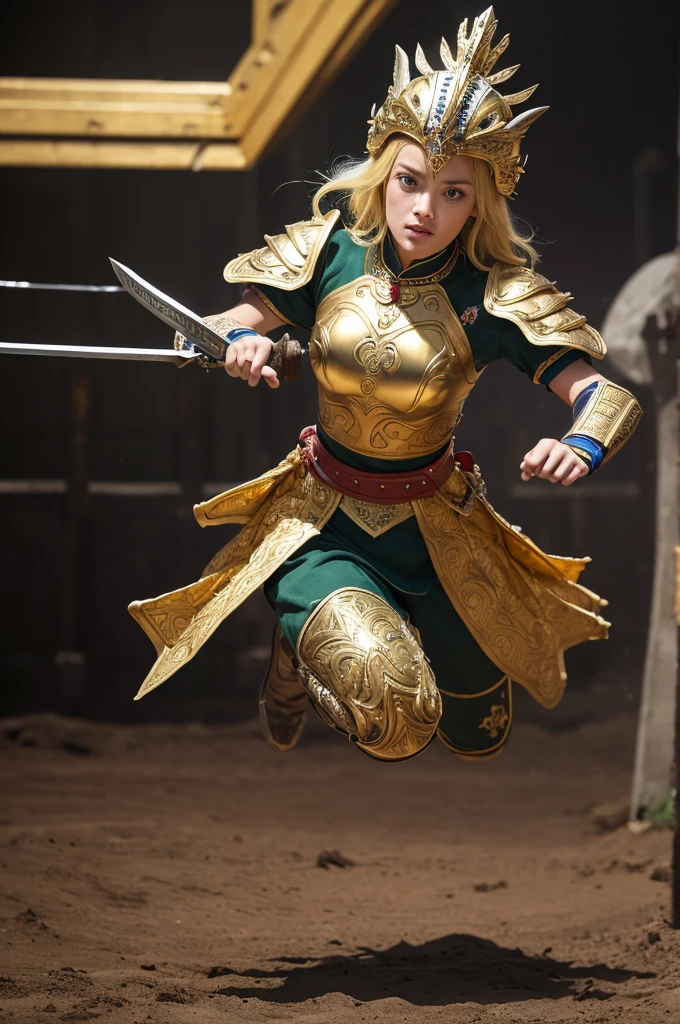 masterpiece,8k,Very detailed,Highest quality,battlefield,(background:The warriors are fighting,Red Warrior,Green Warrior,Jumping,hacka,slush),(Middle Way:The queens are fighting,Blonde queen,Amber Heard,Black-haired queen,Park Bo-young,Fighting Pose),The lighting is dark and gloomy,Exquisite gold armor,Beautiful gold crown,An intricately carved silver sword,An elaborate eagle helmet.