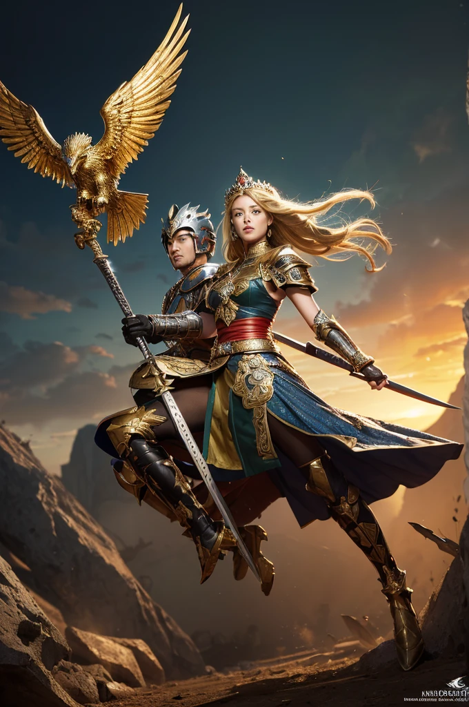 masterpiece,8k,Very detailed,Highest quality,battlefield,(background:The warriors are fighting,Red Warrior,Green Warrior,Jumping,hacka,slush),(Middle Way:The queens are fighting,Blonde queen,Amber Heard,Black-haired queen,Park Bo-young,Fighting Pose),The lighting is dark and gloomy,Exquisite gold armor,Beautiful gold crown,An intricately carved silver sword,An elaborate eagle helmet.