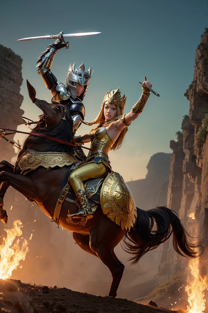masterpiece,8k,Very detailed,Highest quality,battlefield,(background:The warriors are fighting,Red Warrior,Green Warrior,Jumping,hacka,slush),(Middle Way:The queens are fighting,Blonde queen,Amber Heard,Black-haired queen,Park Bo-young,Fighting Pose),The lighting is dark and gloomy,Exquisite gold armor,Beautiful gold crown,An intricately carved silver sword,An elaborate eagle helmet.