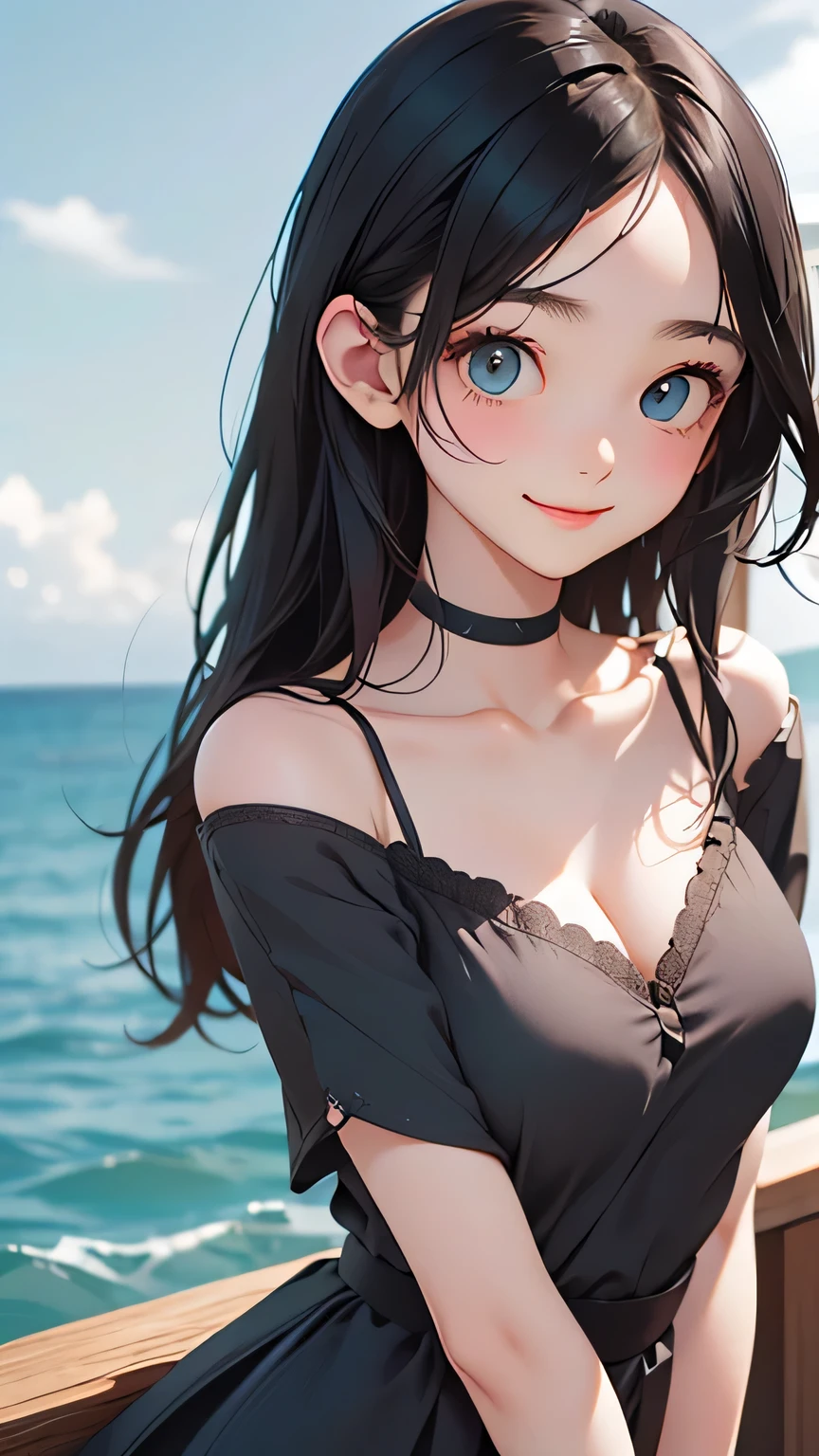 Highest quality、Realistic、girl、zoom、cute、Dark green eyes、Black Hair、Back to all、the forehead is protruding、Blue dress、Ocean、Looking down、Big smile、Dark Skin、Large Breasts、Bust Shot、slender