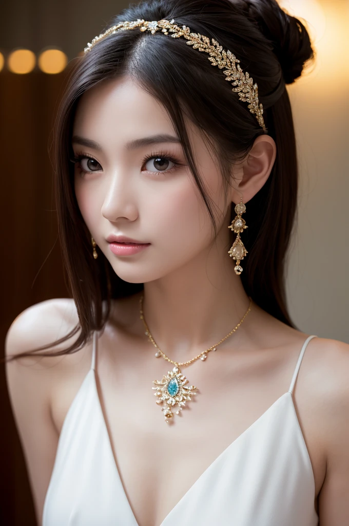 最high quality, masterpiece, High resolution, One girl,China dress,hair ornaments,necklace, jewelry,Beautiful Face,On top of that_body, Tyndall effect,Realistic, Dark studio, Rim Light, Two-tone lighting,(Skin with attention to detail:1.2), 8k uhd, Digital SLR, Soft lighting, high quality, Volumetric lighting, Frank, photograph, High resolution, 4K, 8k, Bokeh