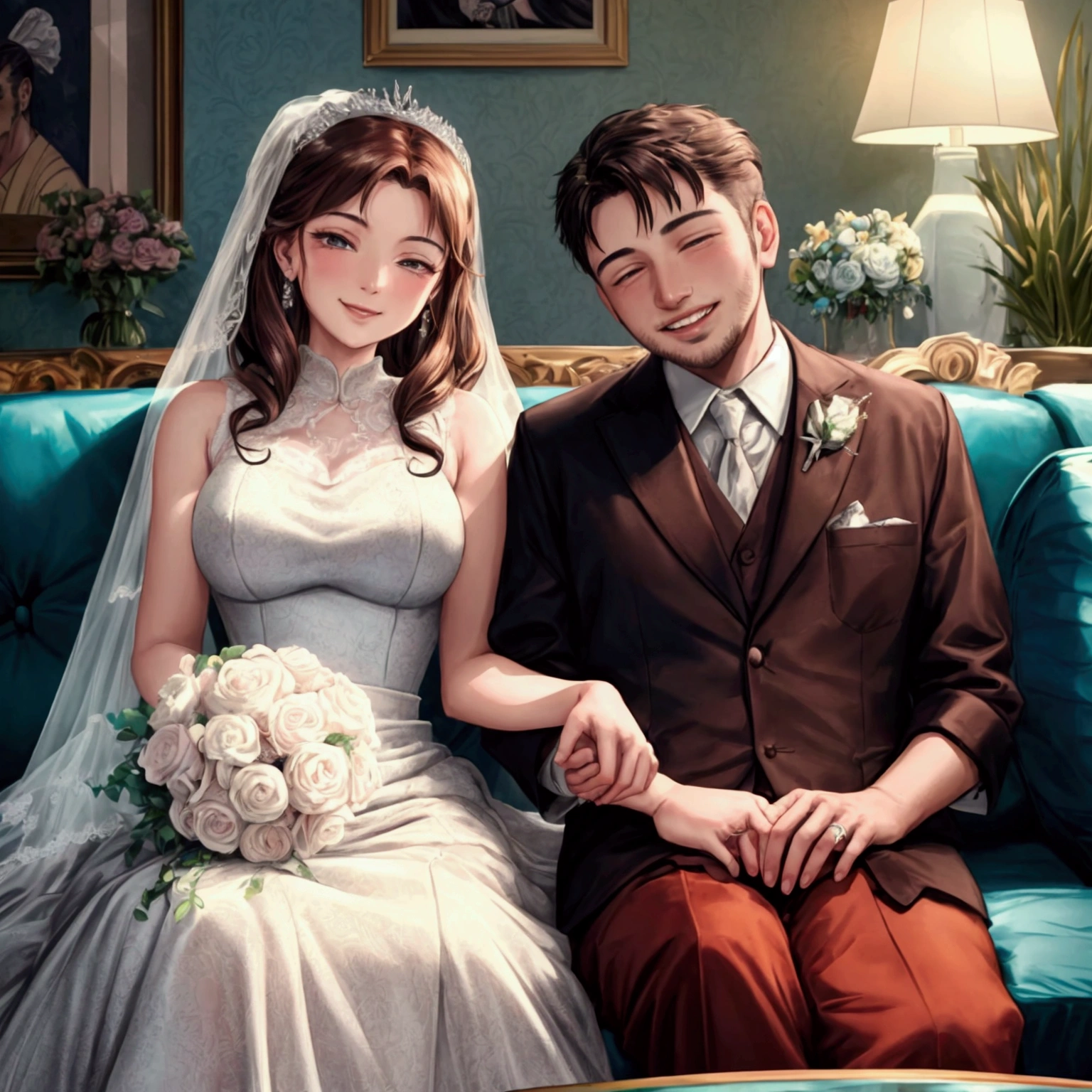 super fine illustration, highly detailed, dynamic angle, beautiful detailed, 8k, In the summer afternoon, in the living room,( BREAK an elderly couple sits on the sofa), cuddling and smiling as they watch the TV screen. (BREAK The TV screen shows a wedding video from their youth), (displaying the younger couple with happy smiles).