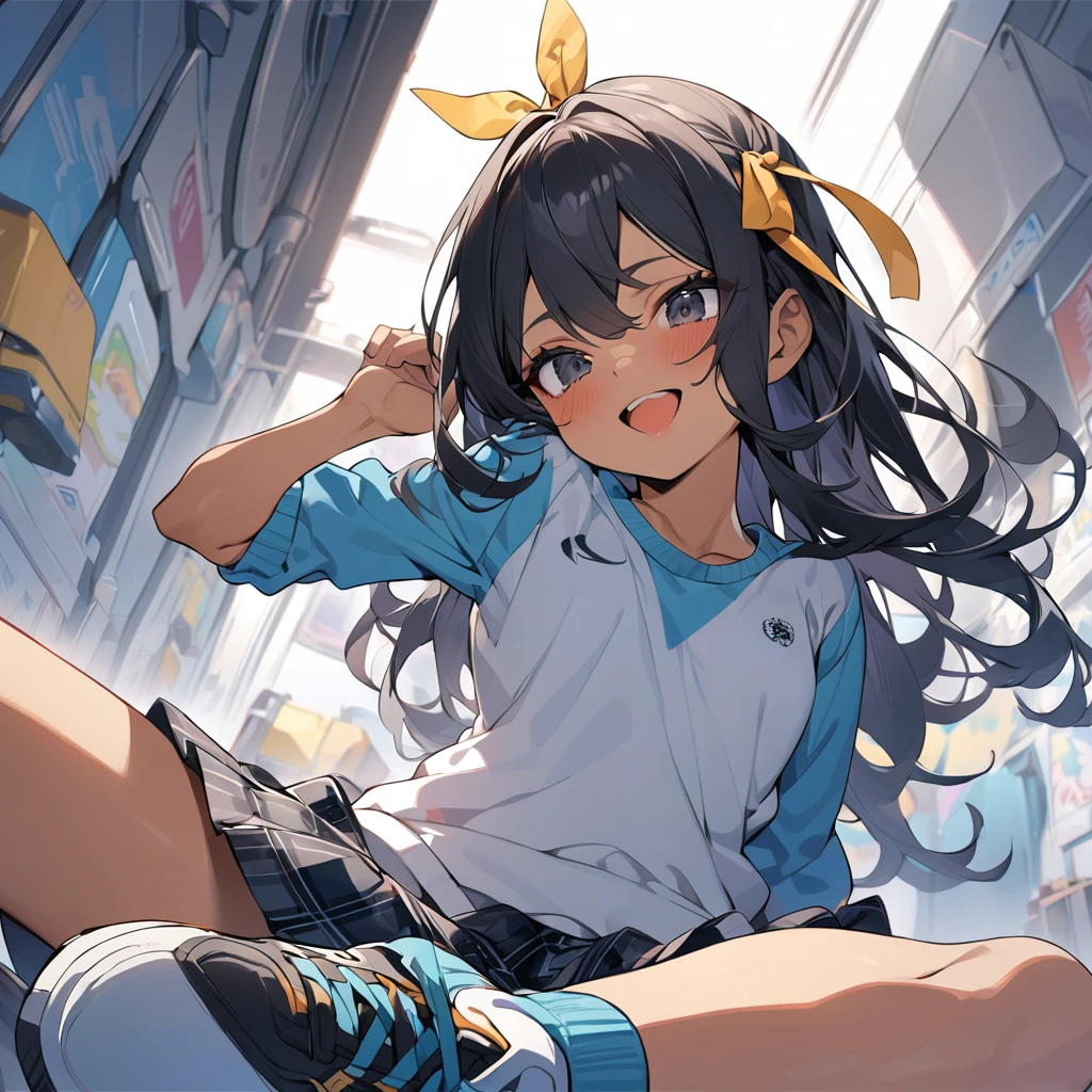 (anime style),masterpiece, best quality, extremely detailed,12Year old,tanned skin,dark skin, Beautiful tiny body,small breasts,BREAK,multicolored colorful black hair,long hair,for head,BREAK,black eyes,best smile,open mouth,detailed lips,BREAK,cotton Yellow big ribbon,BREAK,rippedoversized school sweater、tartan check Skirt,sporty shoes,playful gesture,break,head tilt,in the kids space