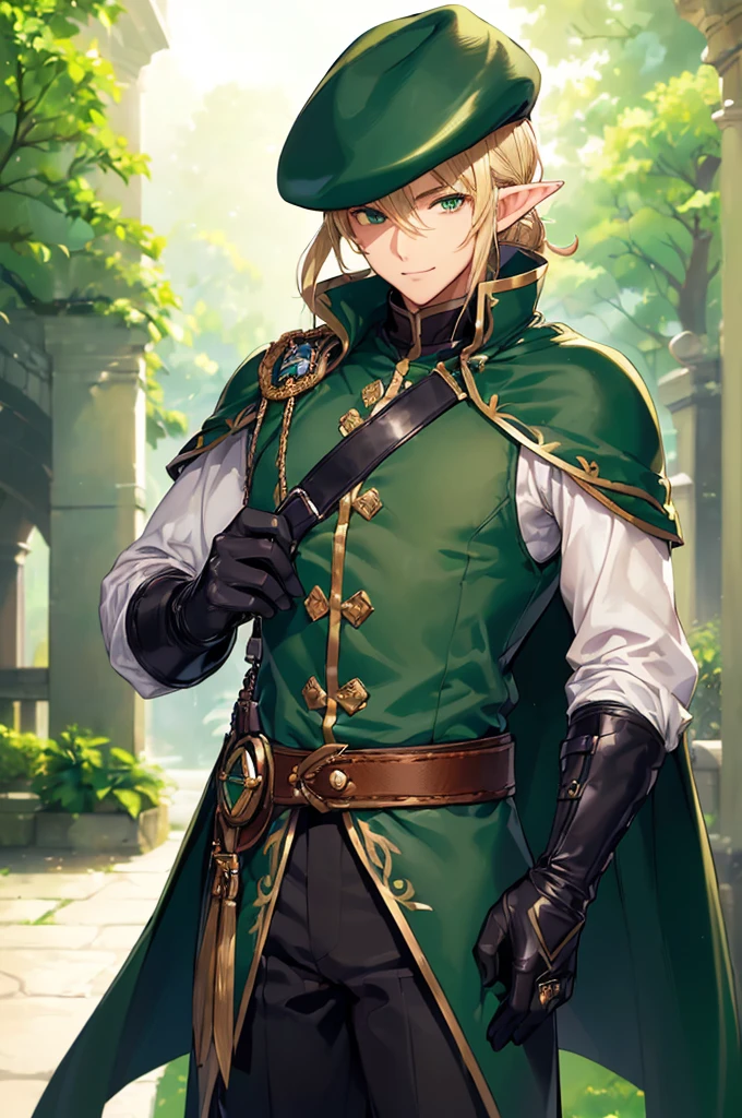 (((masterpiece; best quality: 1.2))), (finely detailed eyes: 1.3), (25 year old elf man), (solo), (green eyes: 1.4), (body; toned, fit, masculine: 1.3), (silky blonde hair in low ponytail: 1.3), (beautiful and clear background: 1.2), ((depth of field)), (equipment: adventurer garb + modest + elegant wide-brim hat + dark overcoat + dark long cape + black pants + gloves + belt + pouches: 1.3), (anime illustration: 1.2), (background composition; royal garden: 1.1), (extremely fine and handsome: 1.1), (shot composition; standing + centered on torso + close-up: 1.5), (expression; calm, smile: 1.2)