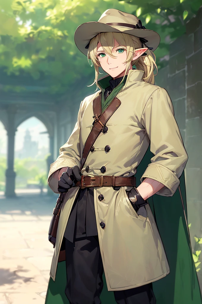 (((masterpiece; best quality: 1.2))), (finely detailed eyes: 1.3), (25 year old elf man), (solo), (green eyes: 1.4), (body; toned, fit, masculine: 1.3), (silky blonde hair in low ponytail: 1.3), (beautiful and clear background: 1.2), ((depth of field)), (equipment: adventurer garb + modest + elegant wide-brim hat + dark overcoat + dark long cape + black pants + gloves + belt + pouches: 1.3), (anime illustration: 1.2), (background composition; royal garden: 1.1), (extremely fine and handsome: 1.1), (shot composition; standing + centered on torso + close-up: 1.5), (expression; calm, smile: 1.2)