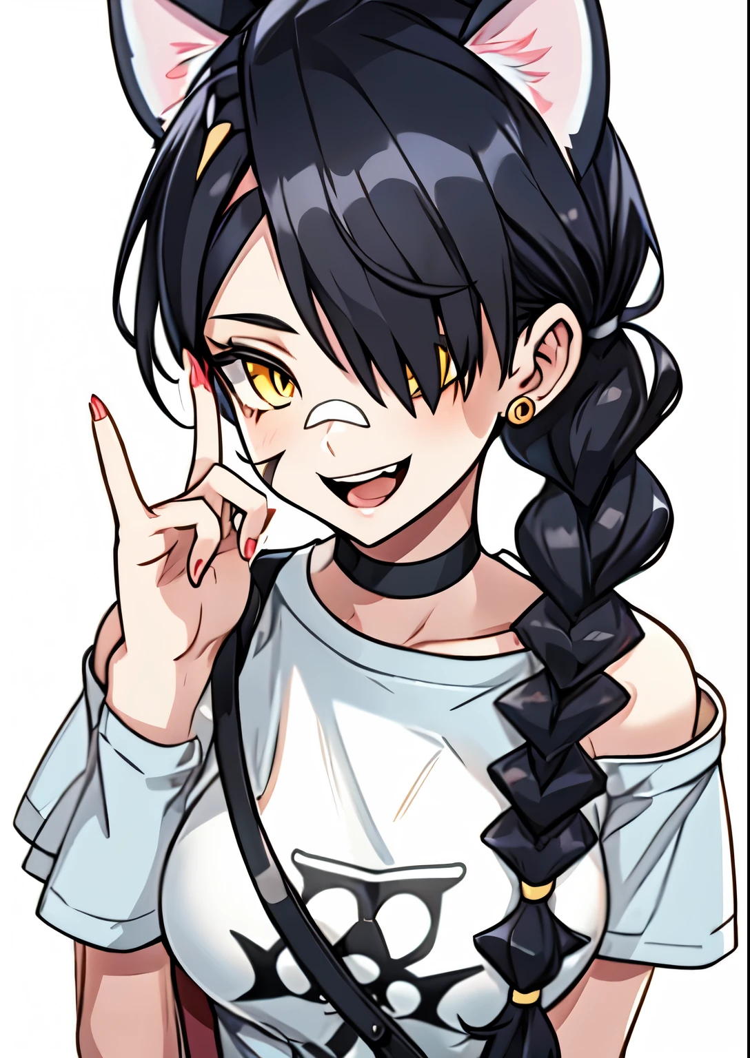 1girl, solo, long hair, looking at viewer, black hair, bandaid on face, yellow eyes, animal ears, smile, bandaid on nose, braid, cat ears, bandaid, bangs, breasts, fake animal ears, simple background, open mouth, fang, , bare shoulders, scar, teeth, shirt, bare shoulders, white shirt, short sleeves, closed mouth, t-shirt, hair over one eye, portrait, bag, hair over shoulder, shorts,