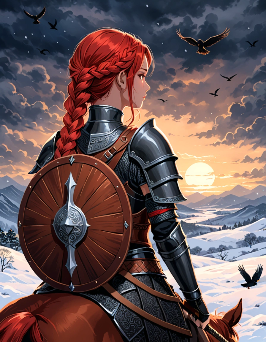close-up，back view，A digital illustration of A female warrior， with long red braided hair , a axe on her shoulder ，a round wooden shield on her back. she wearing dark fur and leather armor ,sitting on horse back with a belt that has a pouch and a sword attached. Several birds fly in the distance, adding to the dramatic and moody atmosphere.in a snowy and cloudy environment, The lighting is dim with subtle highlights on the warrior, indicating either dawn or dusk, and the scene conveys a sense of strength and solitude.