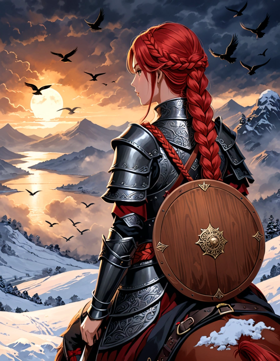 close-up,back view,A digital illustration of A female warrior, with long red braided hair , a axe on her shoulder ,a round wooden shield on her back. she wearing dark fur and leather armor ,sitting on horse back with a belt that has a pouch and a sword attached. Several birds fly in the distance, adding to the dramatic and moody atmosphere.in a snowy and cloudy environment, The lighting is dim with subtle highlights on the warrior, indicating either dawn or dusk, and the scene conveys a sense of strength and solitude.