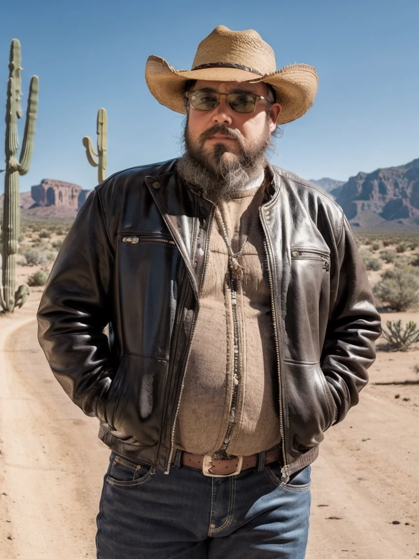male, solo, beard, Glasses, obesity, Cowboy hat, leather jacket, Saddlebags, desert, Cactus, Animal Path, sunlight, Heat