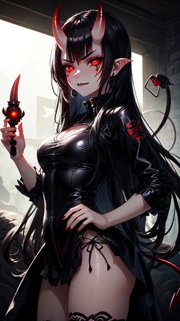 1 girl, ((demon, demonic, oni horn, snake eyes, red eyes, bright eyes, long hair, black hair, pointed ear, evil face)), (gray theme, caverna, backlight, low light, look at you), mist