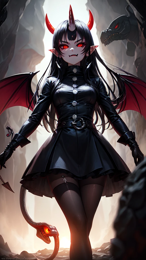 1 girl, ((demon, demonic, oni horn, snake eyes, red eyes, bright eyes, long hair, black hair, pointed ear, evil face)), (gray theme, caverna, backlight, low light, look at you), mist