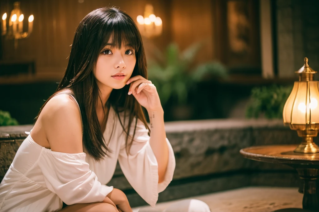 gritty candid raw full-body photo of a female, indonesian,young adult, curvy body, long brunette hair with bangs,sitting, on side pose,wearing outfit feminine ethereal,( homely setting with a comfortable, inviting ambiance, featuring elements like soft lighting background),perfect hand, shot with Sony Alpha A6500 1.4f, bokeh, highly detailed, masterpiece,