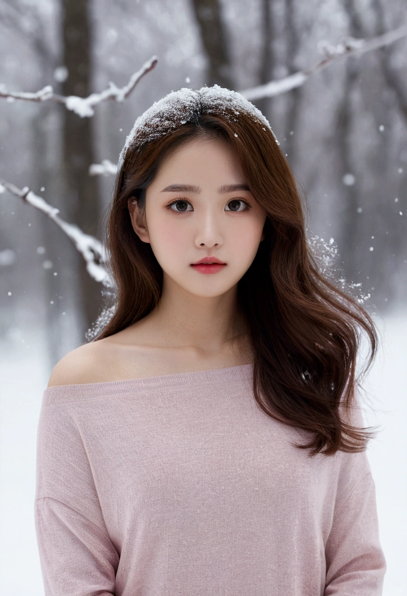 ((best quality, 8k, Masterpiece :1.3)), Sharp focus:1.2 ， Virtual image，(movie light)，face detail surface. eye details. Double eyelids, slim body. very small breasts, 12 year old girl, Realistic photos:1.37，perfect eyes， naked ，Have a figure，brown hair，My hair is shoulder length and loose.，Qi Bang，Kneeling in the snow，like full body.，Open chest shirt，fold，((Solid color backdrop))，I&#39;m a shy person.，will blush.