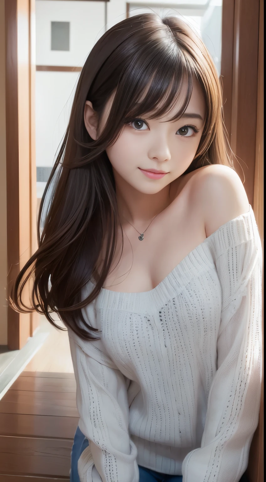 masutepiece、Best Quality、Illustration、 Ultra-detailed、finely detail、 hight resolution、8K Wallpaper、Perfect dynamic composition、21-year-old beautiful girl、neat college girl、detailed beautiful faces、Detailed beautiful eyes、Textured skin、A faint smile、tiny chest、Bold sexy poses、Winter casual wear、
