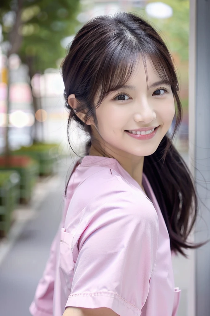 Dental hygienist wearing light pink medical scrubs Short sleeves Japanese Black hair Early 20s Female Upper body close-up smile Shooting outside Harmony々 No accessories included